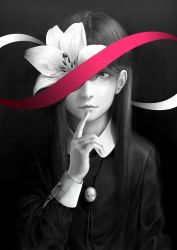 Rule 34 | 1girl, absurdres, bouno satoshi, brooch, closed mouth, collared dress, dress, flower, highres, index finger raised, jewelry, lips, long hair, long sleeves, looking at viewer, monochrome, necklace, original, smile, solo, spot color, upper body