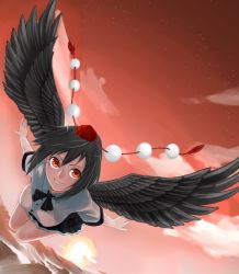 Rule 34 | 1girl, absurdres, black hair, black wings, cloud, flying, gradient background, hat, highres, looking at viewer, onji, outstretched arms, pom pom (clothes), puffy sleeves, red eyes, shameimaru aya, shirt, short hair, short sleeves, skirt, sky, smile, solo, string, tokin hat, touhou, wings