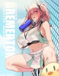 Rule 34 | 1girl, azur lane, bare shoulders, black bra, black panties, blush, book, bottle, bra, breasts, bremerton (azur lane), bremerton (scorching-hot training) (azur lane), character name, chinese commentary, commentary request, crop top, crop top overhang, dated, eyelashes, hair between eyes, hand up, highres, holding, holding book, huge breasts, jewelry, long hair, looking at viewer, manjuu (azur lane), multicolored hair, navel piercing, necklace, open mouth, outdoors, panties, piercing, pink eyes, pink hair, see-through, shirt, sidelocks, signature, skirt, sky, sleeveless, sleeveless shirt, solo, sportswear, spread legs, squatting, streaked hair, sweat, tennis uniform, twintails, twitter username, two-tone skirt, underwear, water bottle, wet, wet clothes, xiangzi box