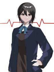 Rule 34 | 1girl, black eyes, black hair, black sweater vest, blazer, blue bow, blue bowtie, blue jacket, blush, bow, bowtie, cardiogram, closed mouth, commentary, dress shirt, hair between eyes, hand on own hip, highres, inaba himeko, jacket, kokoro connect, light smile, long sleeves, looking at viewer, open clothes, open jacket, ririyuu, romaji commentary, school uniform, shirt, short hair, simple background, smile, solo, sweater vest, upper body, white background, white shirt, yamaboshi private high school uniform