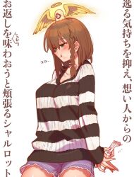 Rule 34 | 1girl, black sweater, blue shorts, blush, braid, breasts, brown hair, charlotte corday (fate), collarbone, fate/grand order, fate (series), green eyes, large breasts, mitsurugi sugar, pout, short hair, short shorts, shorts, side braid, striped clothes, striped sweater, sweater, translation request, two-tone sweater, white sweater