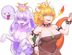 Rule 34 | 2girls, armlet, atomel, bad id, bad pixiv id, bare shoulders, black collar, black dress, blonde hair, boo (mario), bowsette, bracelet, breasts, breath weapon, breathing fire, cleavage, collar, colored tongue, covered navel, crown, dress, earrings, fire, frilled collar, frilled dress, frills, ghost pose, gloves, green eyes, hand up, highres, horns, jewelry, large breasts, looking at viewer, luigi&#039;s mansion, mario (series), multiple girls, new super mario bros. u deluxe, nintendo, open mouth, pale skin, pointy ears, princess king boo, purple tongue, red eyes, sharp teeth, simple background, smile, spiked armlet, spiked bracelet, spiked collar, spiked shell, spikes, strapless, strapless dress, super crown, teeth, tongue, tongue out, turtle shell, upper body, white background, white dress, white gloves, white hair
