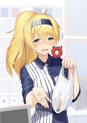 Rule 34 | 1girl, ahoge, alternate hairstyle, bag, blonde hair, blue eyes, blue shirt, breast pocket, cash register, collared shirt, commentary request, creature, creature on shoulder, crying, employee uniform, enemy lifebuoy (kancolle), frown, gambier bay (kancolle), hairband, holding, holding bag, kantai collection, lawson, long hair, meth (emethmeth), on shoulder, plastic bag, pocket, ponytail, shirt, striped clothes, striped shirt, uniform, vertical-striped clothes, vertical-striped shirt