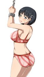 Rule 34 | 1girl, arms up, ass, black hair, blue eyes, blush, bound, bound wrists, bra, breasts, chain, chained, female focus, kirigaya suguha, large breasts, looking at viewer, panties, restrained, sad, short hair, simple background, solo, standing, sword art online, tears, underwear, underwear only, white background, yyi