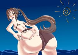 Rule 34 | 1girl, ass, ass grab, bad anatomy, bare shoulders, bikini, blush, breasts, brown hair, deep skin, from behind, hair ribbon, highres, hip focus, huge ass, leaning, leaning forward, long hair, looking at viewer, open mouth, original, ponytail, rgv3, ribbon, shiny skin, sideboob, smile, solo, swimsuit, wide hips, yellow eyes