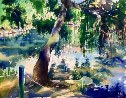 Rule 34 | day, didi daisukedoi, fence post, highres, no humans, original, painting (medium), plant, pond, reeds, reflection, reflective water, rope fence, scenery, traditional media, tree, water, watercolor (medium)