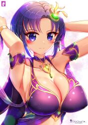 Rule 34 | 1girl, arms behind head, artist name, bare shoulders, blue hair, blush, breasts, chinchongcha, cleavage, earrings, fire emblem, fire emblem: the blazing blade, fire emblem heroes, hair ornament, highres, jewelry, large breasts, looking at viewer, nintendo, official alternate costume, short hair, sleeveless, smile, solo, ursula (fire emblem), ursula (khadein) (fire emblem)