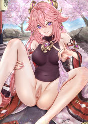 Rule 34 | 1girl, absurdres, animal ears, bare legs, bare shoulders, blue sky, breasts, censored, cherry blossoms, cherry tree, crossed bangs, detached sleeves, earrings, fingernails, floppy ears, fox ears, fox shadow puppet, genshin impact, hair between eyes, highres, holding, holding clothes, holding panties, holding underwear, japanese clothes, jewelry, large breasts, leg hold, long hair, looking at viewer, low-tied long hair, m legs, mosaic censoring, nail polish, nontraditional miko, nori chazuke, outdoors, panties, parted lips, pendant, pink hair, pink nails, pink panties, pond, purple eyes, pussy, shirt, sitting, sky, sleeveless, sleeveless shirt, smile, solo, spread legs, turtleneck, underwear, unworn panties, vision (genshin impact), white sleeves, wide sleeves, yae miko