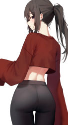 Rule 34 | 1girl, ass, back, black eyes, black hair, closed mouth, cowboy shot, crop top, from behind, gnns, highres, leggings, light blush, long hair, looking at viewer, looking back, ponytail, red shirt, shirt, sidelocks, simple background, sleeves past wrists, solo, white background