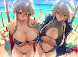 Rule 34 | 2girls, ahoge, artoria pendragon (fate), artoria pendragon (lancer) (fate), artoria pendragon (lancer alter) (fate), bad id, bad twitter id, bikini, blonde hair, blue bikini, blush, braid, breasts, cleavage, closed mouth, collarbone, crown braid, cup, day, fate/grand order, fate (series), french braid, green eyes, groin, hair between eyes, hair ornament, head tilt, highleg, highleg swimsuit, holding, holding cup, horns, large breasts, long hair, looking at viewer, multiple girls, navel, open mouth, outdoors, ribbed swimsuit, satou daiji, sidelocks, stomach, swimsuit, undressing, yellow eyes