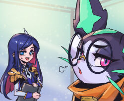 Rule 34 | 1girl, :d, :o, animal, battle academia caitlyn, battle principal yuumi, blue eyes, caitlyn (league of legends), cat, glasses, holding, jacket, league of legends, long sleeves, multicolored hair, official alternate costume, open clothes, open jacket, open mouth, orange scarf, phantom ix row, pink eyes, pink hair, purple hair, round eyewear, scarf, smile, teeth, two-tone hair, upper teeth only, yuumi (league of legends)