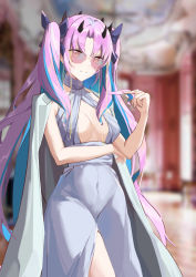 Rule 34 | 1girl, absurdres, black bow, blue hair, blurry, blurry background, bow, breasts, changpan hutao, cleavage, cleavage cutout, clothing cutout, covered navel, cowboy shot, depth of field, dress, fate/grand order, fate (series), grey dress, hair bow, highres, horns, ishtar (fate), jacket, jacket on shoulders, long hair, medium breasts, mismatched pupils, multicolored hair, parted bangs, pink-tinted eyewear, pink-tinted glasses, pink hair, playing with own hair, red-tinted eyewear, red eyes, rimless eyewear, sleeveless, sleeveless dress, solo, space ishtar (fate), space ishtar (third ascension) (fate), star-shaped pupils, star (symbol), streaked hair, sunglasses, symbol-shaped pupils, tinted eyewear, two side up, very long hair, white jacket