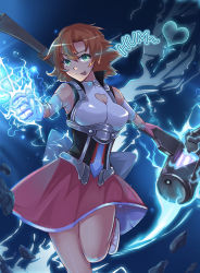 Rule 34 | 1girl, :p, bare shoulders, bow, breasts, brown hair, cleavage, cleavage cutout, clothing cutout, electricity, gloves, green eyes, heart, hum, looking at viewer, mai (xskdizzy), nora valkyrie, orange hair, pink gloves, pink skirt, rwby, shoes, short hair, skirt, smile, sneakers, solo, standing, standing on one leg, tongue, tongue out, war hammer, warhammer, weapon, white footwear