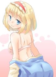 Rule 34 | 1girl, alice margatroid, arnest, ass, bare shoulders, blonde hair, blue dress, blue eyes, blush, bra, commentary request, cowboy shot, dress, frilled hairband, frills, from behind, hairband, highres, lolita hairband, looking at viewer, looking back, off shoulder, pink background, red hairband, shirt, short hair, smile, solo, touhou, two-tone background, underwear, white background, white bra, white shirt
