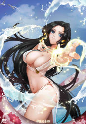 Rule 34 | absurdres, bare legs, black hair, blue eyes, boa hancock, breasts, cloud, commentary, day, dress, earrings, eyeshadow, hand gesture, heart, highres, jewelry, large breasts, leaning back, liuguang shuiyin, long hair, makeup, midriff, navel, one piece, reaching, reaching towards viewer, see-through, sky, snake earrings, solo, very long hair, water