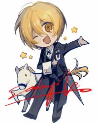 Rule 34 | 1girl, arm up, black jacket, black pants, black vest, blonde hair, butler, chibi, collared shirt, cross tie, don quixote (project moon), female butler, full body, g7cdpdto2i6hot6, horse, jacket, lance, limbus company, long sleeves, one eye closed, open mouth, pants, polearm, project moon, sample watermark, shirt, simple background, smile, solo, star (symbol), towel, vest, watermark, weapon, white background, white shirt, yellow eyes