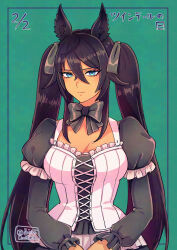 1girl alternate_costume alternate_hairstyle animal_ears aqua_eyes black_dress black_hair bodice bow bowtie breasts cleavage closed_mouth dark-skinned_female dark_skin dated dress expressionless green_background hair_between_eyes hi_(ibisf5umauma) highres horse_ears juliet_sleeves long_hair long_sleeves looking_at_viewer puffy_sleeves small_breasts solo symboli_kris_s_(umamusume) twintails twitter_username umamusume