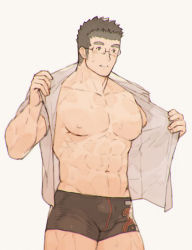 Rule 34 | 1boy, abs, alternate costume, bad id, bad pixiv id, bara, bare pectorals, black hair, black male underwear, blush, boxer briefs, brown hair, bulge, chataro1412, cowboy shot, glasses, large pectorals, looking to the side, male focus, male underwear, muscular, muscular male, navel, nipples, open clothes, open shirt, pectorals, rimless eyewear, motoori shiro, shirt, short hair, solo, stomach, sweat, thick eyebrows, thick thighs, thighs, tokyo houkago summoners, underwear, undressing, white shirt