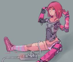 Rule 34 | 1girl, android, bad id, bad pixiv id, cable, cyborg, green eyes, grey background, highres, joints, mechanical arms, mechanical parts, original, pink hair, power strip, robot, robot joints, shoes, short hair, single mechanical arm, sneakers, socks, solo, spread legs, striped clothes, striped legwear, striped socks, untied shoe
