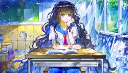 Rule 34 | 1girl, :3, arm support, backpack, bag, black hair, blue eyes, blue hair, blue sailor collar, calendar (object), chalkboard, classroom, closed mouth, commentary, curtains, day, english commentary, fantasy, gradient hair, hayanse, head rest, heart, highres, holding, holding pencil, indoors, long hair, looking at viewer, multicolored hair, necktie, original, pencil, purple bag, red necktie, sailor collar, shiny floor, sitting, smile, solo, sunlight, two-tone hair, very long hair, water, white curtains, window