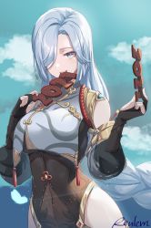 Rule 34 | 1girl, 2021, 2022, black gloves, blue eyes, bodysuit, braid, breast curtain, breasts, brown bodysuit, bug, butterfly, chinese knot, chocolate, clothing cutout, cloud, commentary, covered navel, eating, food, food in mouth, genshin impact, gloves, gold trim, gradient eyes, hair over one eye, highres, hip vent, holding, holding food, insect, large breasts, light trail, long hair, long sleeves, looking at viewer, low-braided long hair, low-tied long hair, multicolored eyes, partially fingerless gloves, puffy long sleeves, puffy sleeves, reulem, shenhe (genshin impact), shoulder cutout, sidelocks, signature, silver hair, sky, solo, tassel, very long hair