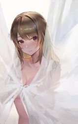 Rule 34 | 1girl, absurdres, blush, breasts, brown eyes, brown hair, chinese commentary, closed mouth, commentary request, completely nude, curtain grab, curtains, highres, kuza brs, large breasts, long hair, looking at viewer, nude, original, solo, transparent, upper body