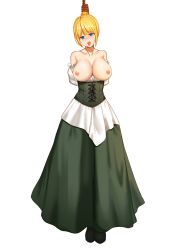 Rule 34 | 1girl, arms behind back, asphyxiation, bare shoulders, blonde hair, blue eyes, breasts, clothes pull, corset, crying, crying with eyes open, daydream (zhdkffk21), dress, dying, empty eyes, execution, green dress, green footwear, green legwear, hanged, highres, large breasts, nipples, no bra, noose, rope, shirt pull, short hair, simple background, solo, tears, third-party edit, tongue, tongue out, white background