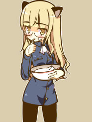 Rule 34 | 1girl, animal ears, ascot, black pantyhose, blonde hair, blush, bowl, cat ears, food, food on face, glasses, highres, kimoko, licking, licking finger, long hair, military, military uniform, mixing bowl, pantyhose, perrine h. clostermann, solo, strike witches, tongue, uniform, world witches series, yellow eyes