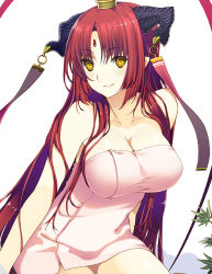 Rule 34 | 1girl, breasts, character request, demon horns, female focus, forehead jewel, horn ornament, horns, large breasts, long hair, looking at viewer, naked towel, red hair, sengoku collection, sitting, smile, solo, takatou suzunosuke, towel, very long hair, yellow eyes