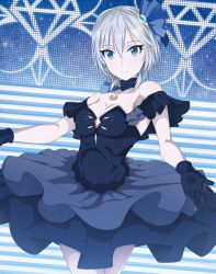 Rule 34 | 10s, 1girl, anastasia (idolmaster), armpits, bare shoulders, black gloves, blue dress, blue eyes, breasts, brooch, choker, cleavage, collarbone, cowboy shot, crescent, crescent earrings, dress, earrings, gem, gloves, hair between eyes, idolmaster, idolmaster cinderella girls, inoshira, jewelry, layered dress, necklace, off-shoulder dress, off shoulder, outstretched arms, pendant, project krone, blue gemstone, short hair, silver hair, smile, solo, stage, stairs, tsurime