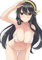 Rule 34 | 10s, 1girl, arm up, bikini, black hair, blush, breasts, cleavage, cleft of venus, closed mouth, collarbone, covered erect nipples, cowboy shot, gluteal fold, haruna (kancolle), headgear, highres, kantai collection, large breasts, leaning forward, long hair, looking at viewer, mizunashi kenichi, see-through, shiny skin, simple background, smile, solo, standing, swimsuit, thigh gap, white background, white bikini, yellow eyes
