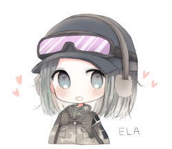 Rule 34 | 1girl, :d, bad id, bad pixiv id, baseball cap, black hat, blush, camouflage, camouflage jacket, character name, cottontailtokki, ear protection, ela (rainbow six siege), goggles, goggles on headwear, grey eyes, hat, jacket, long hair, looking at viewer, open mouth, rainbow six siege, silver hair, simple background, smile, solo, white background