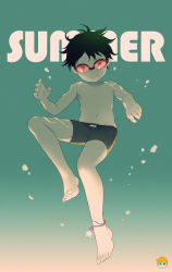 Rule 34 | 1boy, anklet, barefoot, black hair, english text, freediving, full body, jewelry, looking at viewer, male focus, noeyebrow (mauve), original, topless male, short hair, smile, solo, summer, swimming, underwater, underwear