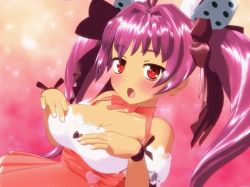 3d animated animated_gif blush bouncing_breasts breasts cleavage covered_erect_nipples di_gi_charat dice large_breasts myu_ranran nipples open_mouth perky_breasts purple_hair red_eyes solo twintails undressing usada_hikaru