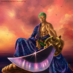 Rule 34 | 1boy, abs, absurdres, artist name, bird, cloud, cloudy sky, collaboration, colorized, cromarlimo, earrings, foreshortening, green hair, highres, jeannette11, jewelry, katana, lens flare, looking at viewer, male focus, muscular, nipples, one-eyed, one piece, roronoa zoro, sandals, scar, sheath, short hair, sky, solo, sword, watermark, weapon, web address