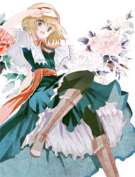 Rule 34 | 1girl, alice margatroid, arm up, bad id, bad pixiv id, black pantyhose, blonde hair, blue dress, boots, bow, capelet, cierra (ra-bit), cross-laced footwear, dress, female focus, flower, grey eyes, hairband, lace-up boots, open mouth, pantyhose, ra-bit, sash, short hair, solo, touhou, white background