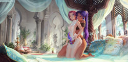 Rule 34 | 2girls, middle eastern architecture, barefoot, bed, between legs, blue eyes, borrowed character, bra, bracelet, breasts, commentary, commission, curtains, dappled sunlight, dark skin, dark-skinned female, day, dildo, dragon dildo, dress, earrings, english commentary, eyeliner, eyeshadow, facial mark, forehead mark, canopy bed, grin, hand on another&#039;s thigh, highres, hookah, interracial, jewelry, kneeling, lingerie, lips, long hair, looking at another, looking at viewer, makeup, multiple girls, naftosaur, naughty face, necklace, nipples, nose, on bed, original, palm tree, panties, pillow, pink hair, ponytail, purple eyes, purple hair, see-through, see-through dress, sex toy, short hair, small breasts, smile, statue, sunlight, thick thighs, thighs, tree, underwear, vase, white dress, yuri