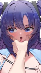 1girl blue_archive blue_eyes blue_hair blush commentary_request facing_viewer grabbing_another&#039;s_face hair_between_eyes highres looking_to_the_side open_mouth pov pov_cheek_grabbing_(meme) pov_hands two_side_up upper_body wasami yuuka_(blue_archive)