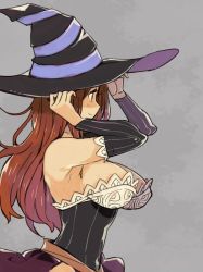 Rule 34 | 1girl, bare shoulders, breasts, cleavage, detached sleeves, dragon&#039;s crown, hat, hat tug, imigimuru, large breasts, long hair, red hair, smile, solo, sorceress (dragon&#039;s crown), witch hat