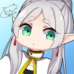 Rule 34 | 1girl, blue background, capelet, chibi, commentary request, dangle earrings, earrings, elf, frieren, green eyes, grey hair, highres, jewelry, long hair, long sleeves, looking at viewer, origon aotsuki, parted bangs, pointy ears, sidelocks, simple background, solo, sousou no frieren, thick eyebrows, twintails, white capelet