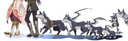 Rule 34 | 00s, 1boy, 1girl, age progression, boots, coat, dog, estellise sidos heurassein, father and son, grey footwear, head out of frame, highres, juria0801, knee boots, lambert, long image, pants, repede (tales), tales of (series), tales of vesperia, white background, wide image, yuri lowell
