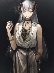 Rule 34 | 1girl, absurdres, arknights, black choker, black shirt, choker, cigarette, closed mouth, dress, grey hair, hand in pocket, hataya, highres, holding, holding cigarette, holding lighter, horns, lighter, long hair, looking at viewer, mouth hold, multiple horns, no nose, saria (arknights), shirt, solo, white dress, yellow eyes