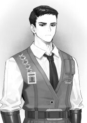 Rule 34 | 1boy, absurdres, artist name, commentary, english commentary, expressionless, gauntlets, greyscale, hair slicked back, highres, id card, limbus company, male focus, meursault (project moon), monochrome, necktie, pouch, project moon, sasoura, solo, underwear, vest