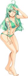 Rule 34 | 1girl, absurdres, ahoge, bad source, beige skin, bikini, breasts, cleavage, closed mouth, female focus, full body, green eyes, green hair, highres, long hair, lucidsky, mascot, matching hair/eyes, one eye closed, rule34.xxx, rule 34-tan, smile, solo, swimsuit, toes, transparent background, wink