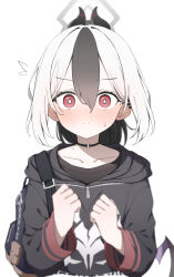 1girl backpack bag bat_wings black_choker black_hair black_hoodie black_horns black_shirt black_wings blue_archive blue_bag blush bright_pupils choker closed_mouth collarbone dot_nose double-parted_bangs ear_piercing grey_halo hair_between_eyes halo high_ponytail highres hood hoodie horns kayoko_(blue_archive) long_hair low_wings mole mole_on_collarbone multicolored_hair nose_blush piercing ponytail red_eyes shirt simple_background solo surprised sweatdrop two-tone_hair upper_body v-shaped_eyebrows white_hair white_pupils white_shirt wings yuukun_mk-ii