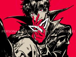 Rule 34 | 1boy, amamiya ren, black coat, black hair, closed mouth, coat, copyright name, gloves, hair between eyes, long sleeves, looking at viewer, male focus, persona, persona 5, persona 5 the royal, red background, red eyes, red gloves, sawa2, simple background, smirk, solo, upper body