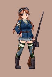 Rule 34 | 1girl, aircraft, airplane, armband, boots, braid, breasts, brown background, brown eyes, brown hair, drum magazine, goggles, goggles on head, gun, hair ribbon, hand on own hip, hip focus, large breasts, magazine (weapon), mecha musume, military, military uniform, original, personification, pigeon-toed, ribbon, simple background, solo, supermarine spitfire, thighhighs, tokihama jirou, twin braids, uniform, weapon, world war ii, zettai ryouiki