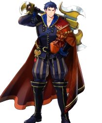 Rule 34 | 1boy, axe, blue eyes, blue hair, cape, fire emblem, fire emblem: the blazing blade, fire emblem heroes, full body, gift, hector (fire emblem), hector (valentine) (fire emblem), highres, looking at viewer, male focus, nintendo, official art, pectorals, short hair, smile, solo, suekane kumiko, transparent background, weapon