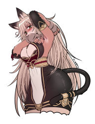 Rule 34 | 1girl, animal ear fluff, animal ears, animal nose, armpits, arms up, artist name, black sleeves, blonde hair, blush, body fur, breasts, bright pupils, brown fur, brown gloves, brown nails, cat ears, cat girl, cat tail, cleavage, cleavage cutout, clothing cutout, cowboy shot, cropped legs, detached sleeves, female focus, fingerless gloves, furry, furry female, gloves, gold, green eyes, highres, im hyeong, large breasts, long hair, looking at viewer, mole, mole under eye, original, presenting armpit, sash, see-through, see-through sleeves, shiny clothes, sidelocks, signature, simple background, skin tight, solo, standing, tail, tail ornament, tail ring, thick thighs, thighs, two-tone fur, white background, white fur, white pupils, wide hips