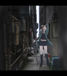 Rule 34 | 1girl, alley, blood, blood on clothes, blood on face, boots, brown eyes, brown hair, jacket, letterboxed, original, pencil skirt, skirt, solo, staff, yuuki (eccentic dragon noise), yuuki (eccentric dragon noise)
